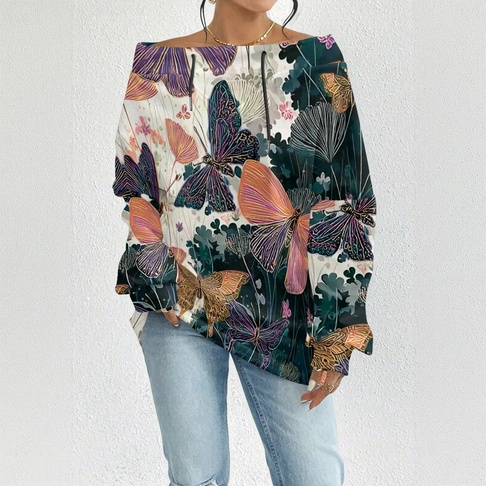

Женская толстовка с открытыми плечами и принтом бабочки на шнурке, красочный свободный крой с цветочным принтом, повседневный пуловер, топ, крутая модная уличная одежда