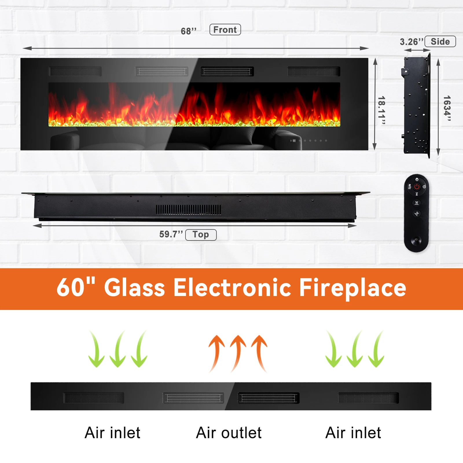 Aoxun camino elettrico da 68 ", riscaldatore a LED da parete e autoportante, Set di tronchi e cristallo, fiamma a 12 colori, Touch Screen, telecomando