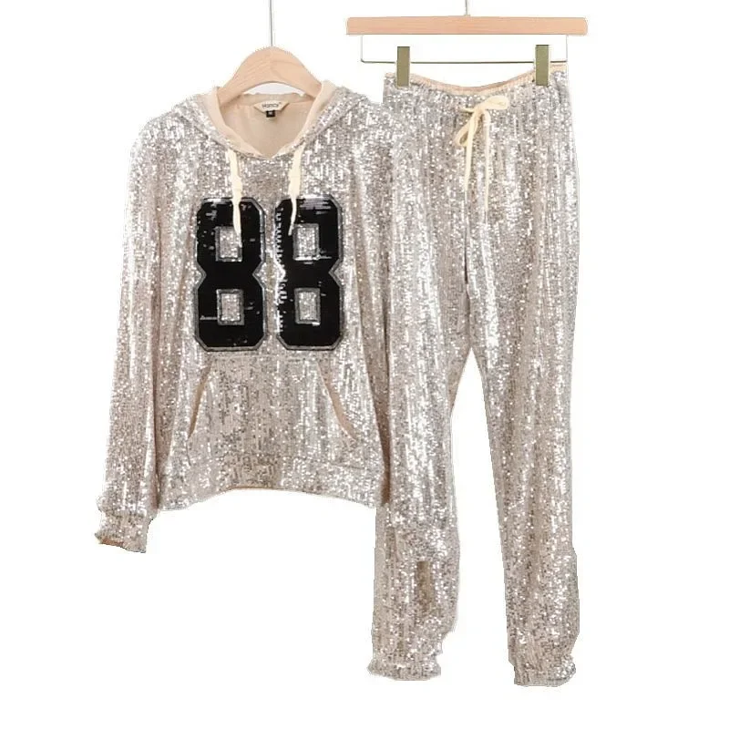 Digital Sequin 2 Piece Set Women Tracksuit Long Sleeve Hoodies Set Sweatshirt Kadın Sun Protection Hoodie for Women Daily Wear