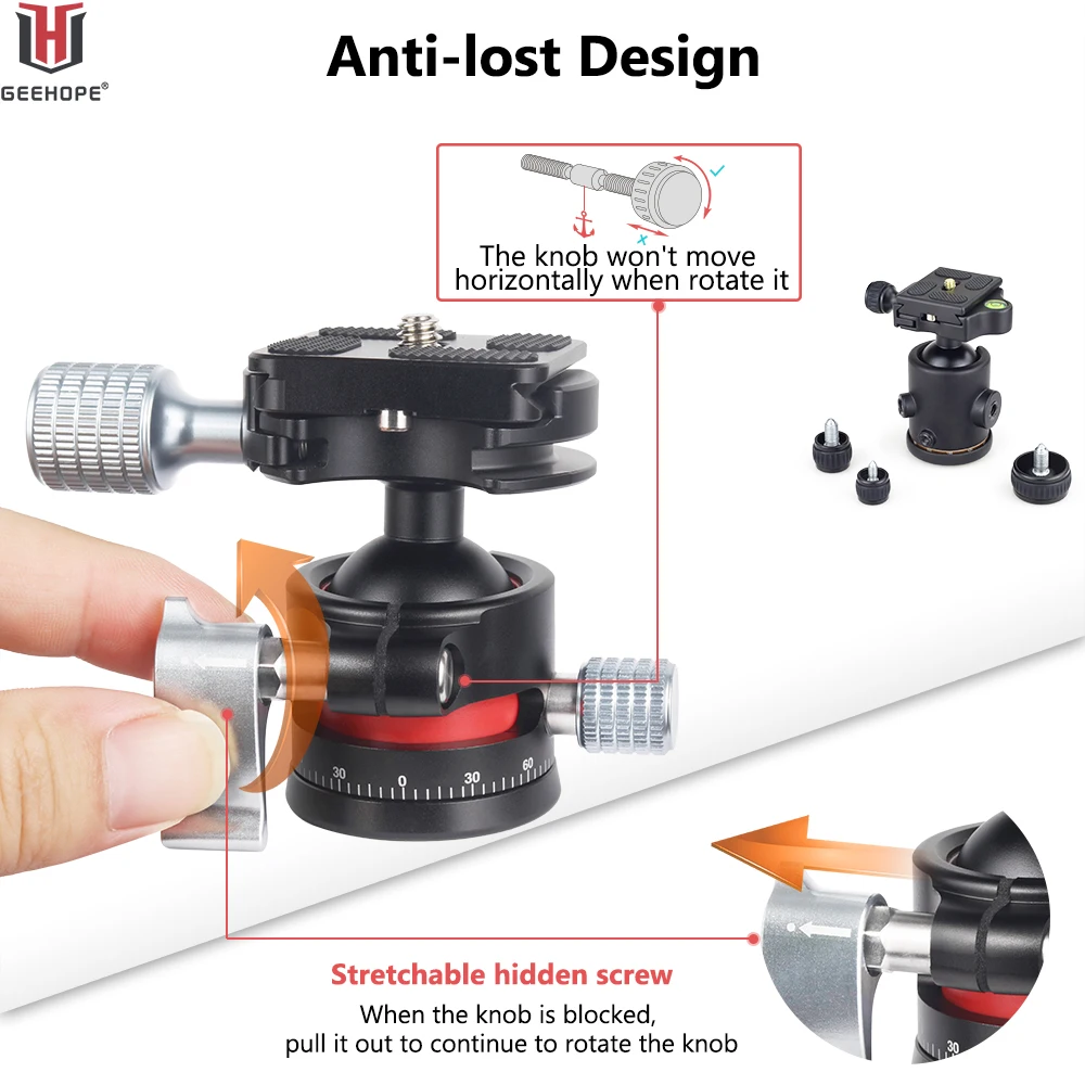 Low Profile Tripod Head Geehope CE-28 360° Panoramic Metal Ballhead for DSLR Camera with Arca Swiss Plate 1/4" Screw Load 5kg