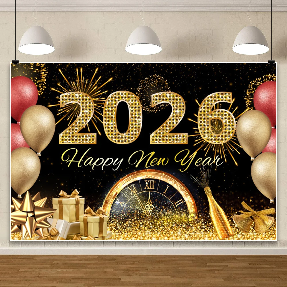 Fondo de Feliz Año Nuevo para fotografía 2026 fiesta de Nochevieja relojes con purpurina dorada champán fondos de Navidad accesorios para disparar