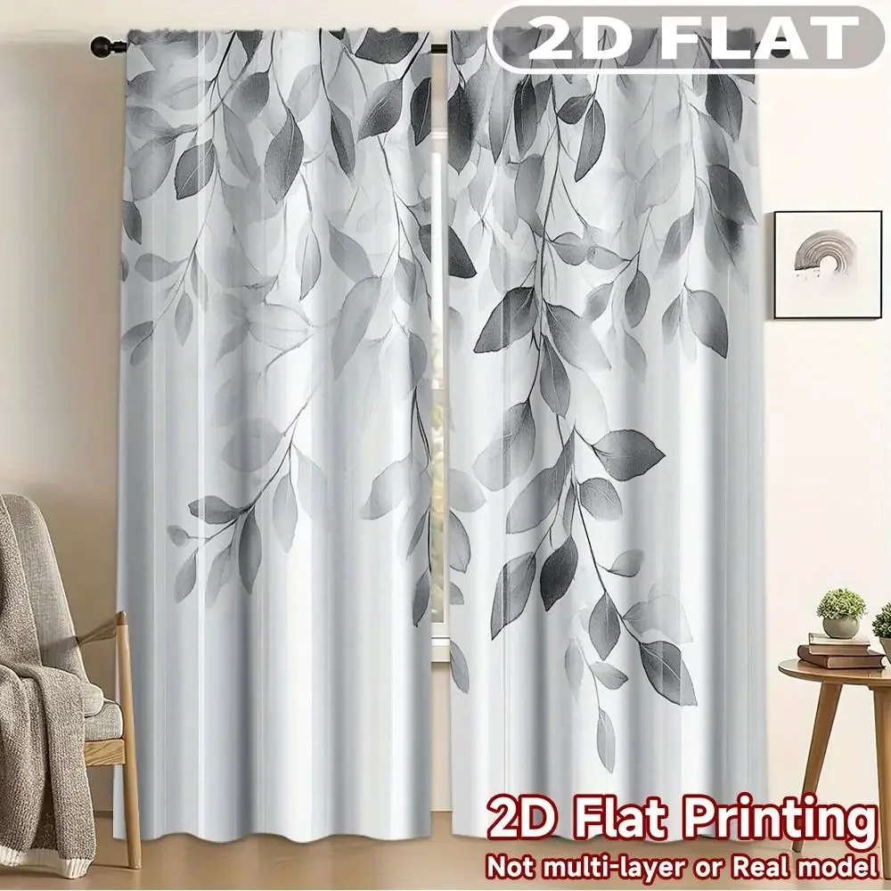 2pcs Curtains Gray Leaves On White Background Perfect for Balcony, Bedroom, Study, Living Room, for Spring & Summer