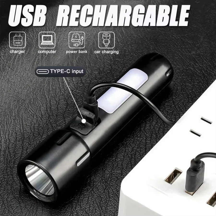 Mini Strong Lighting ABS Flashlamp USB Charging Portable Outdoor Small Flashlight Camping Hanging Lamp Focus COB Side Lamp Tool