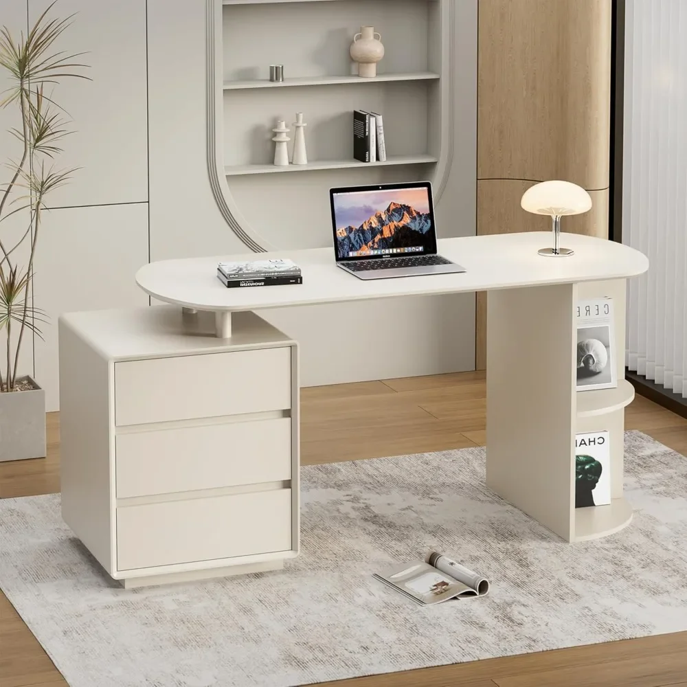 

Desk with Drawers, 55inch Home Office White Desk with Drawers and Storage Shelves, Cream White Desk Modern Simple Style