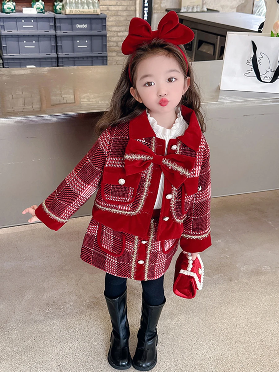 Burgundy Girls Cotton Christmas Set 2023 Winter Baby Thickened Brilliant Silk Bow Top+Plaid Half Skirt 2PS Fashion Vivid Sets