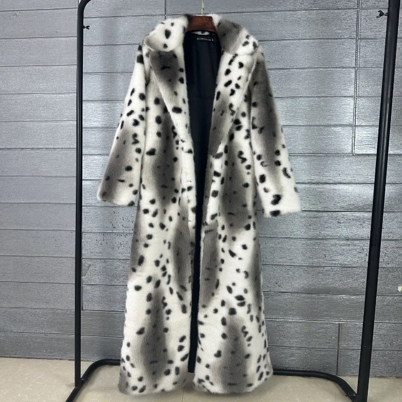 2026 Fashion Printed Mink Fur Coat Women's Winter Faux Ferret Fur X-long Overcoat Turndown Collar Loose Top Streetwear Outerwear