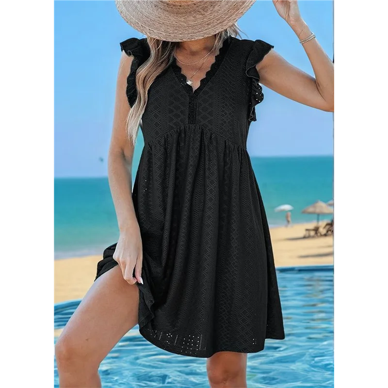 Abrt-vestido feminino de verão, manga plissada, decote em v, midi, moda casual, ajuste fluido, em camadas, boho, praia, férias, vestido de verão