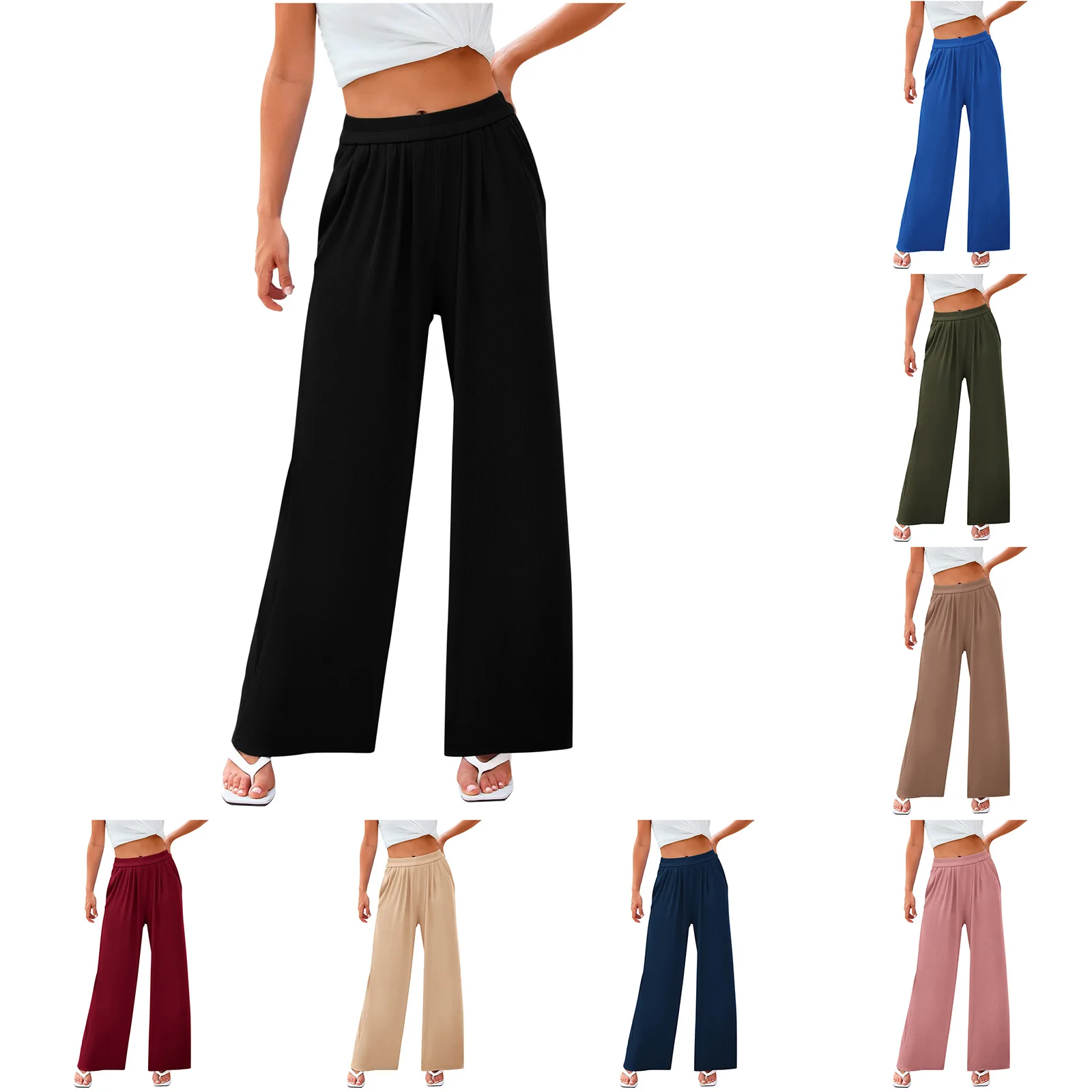 Pantalones de mujer, pantalones sueltos de lino y algodón, pantalones de pierna recta cómodos y sueltos con bolsillo, cintura elástica, pantalones pequeños informales para mujer