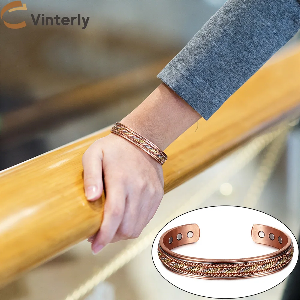 Vinterly Armbänder aus reinem Kupfer, gedreht, handgefertigt, geflochten, 12 mm, verstellbare Armreifen, Gesundheitsenergie, hochmagnetischer Schmuck, größenverstellbare Manschette