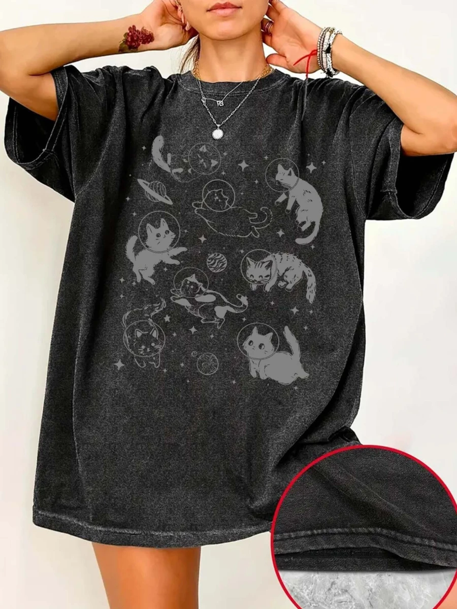 Space Cat Pattern Printed Round-neck Short-sleeved Shirt, Loose Off-the-shoulder Washed and Aged, Blend Material, Slightly