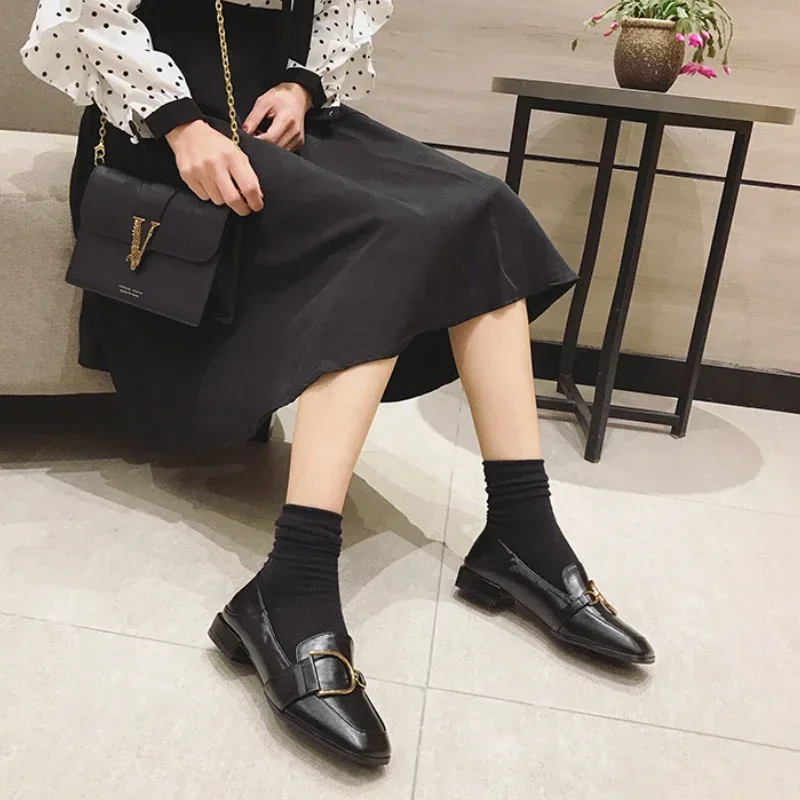 British Style Leather Shoes for Women Square Toe Slip on Loafers Low Heel Shallow Single Shoes Vintage Metal Buckle High Heels