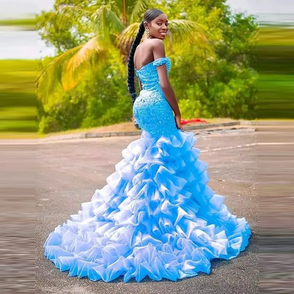 Sky Blue Mermaid Prom Dresses Off The Shoulder Tiered Ruffles Sequins vestidos de noche Aso Ebi Evening Gowns Custom Made