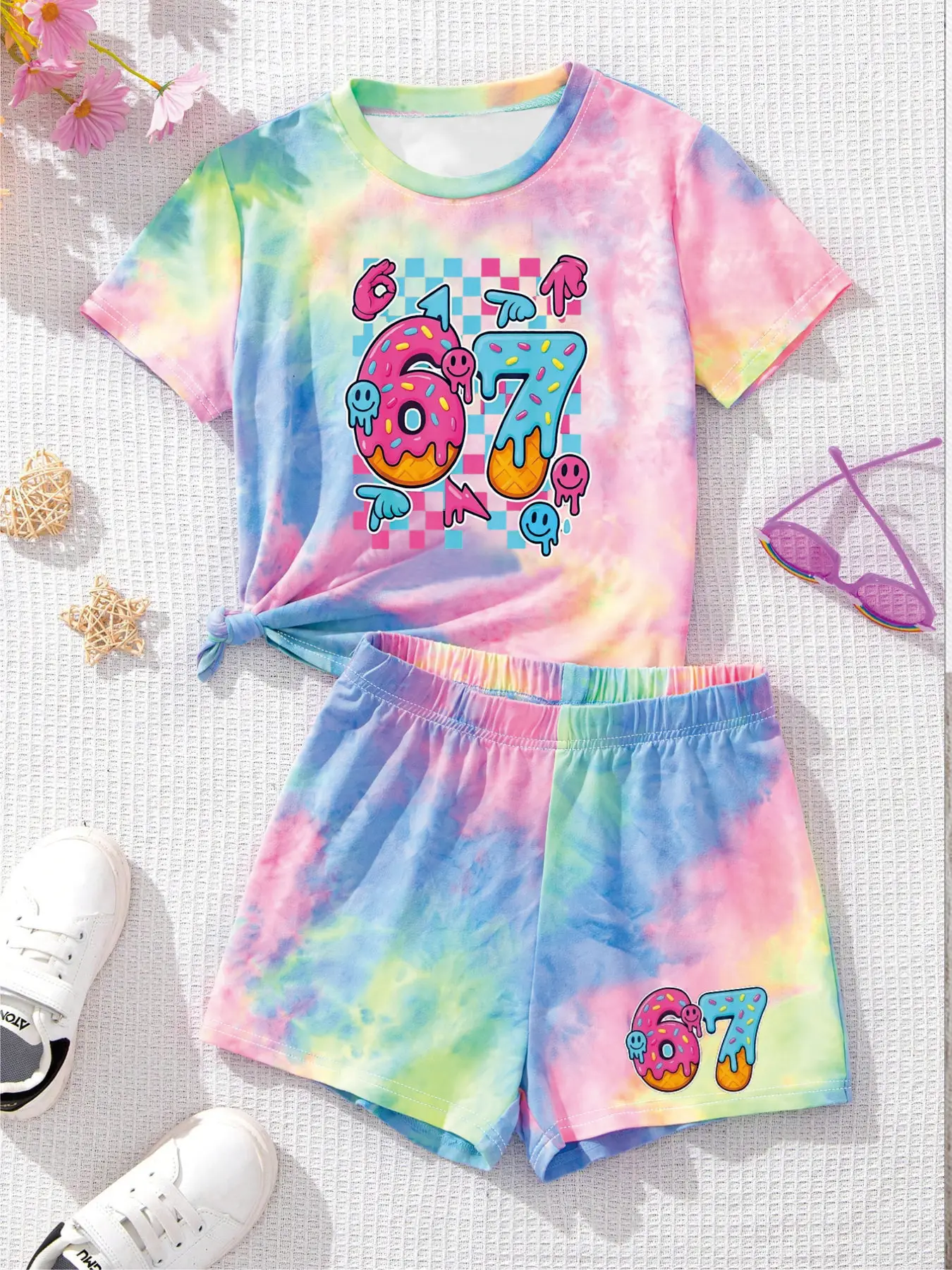 Trendy Girls 2Pcs Co-ord, Pastel Tie Dye 67 Donut Graphic T-Shirt & Shorts Set for Streetwear & Play