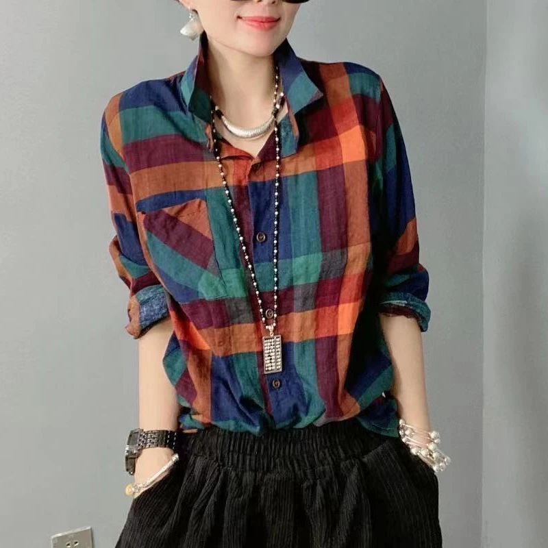 2023 Spring Autumn New POLO Collar Long Sleeve Single Breasted Shirt Women Multicolor Plaid Cotton Loose Casual All-match Tops