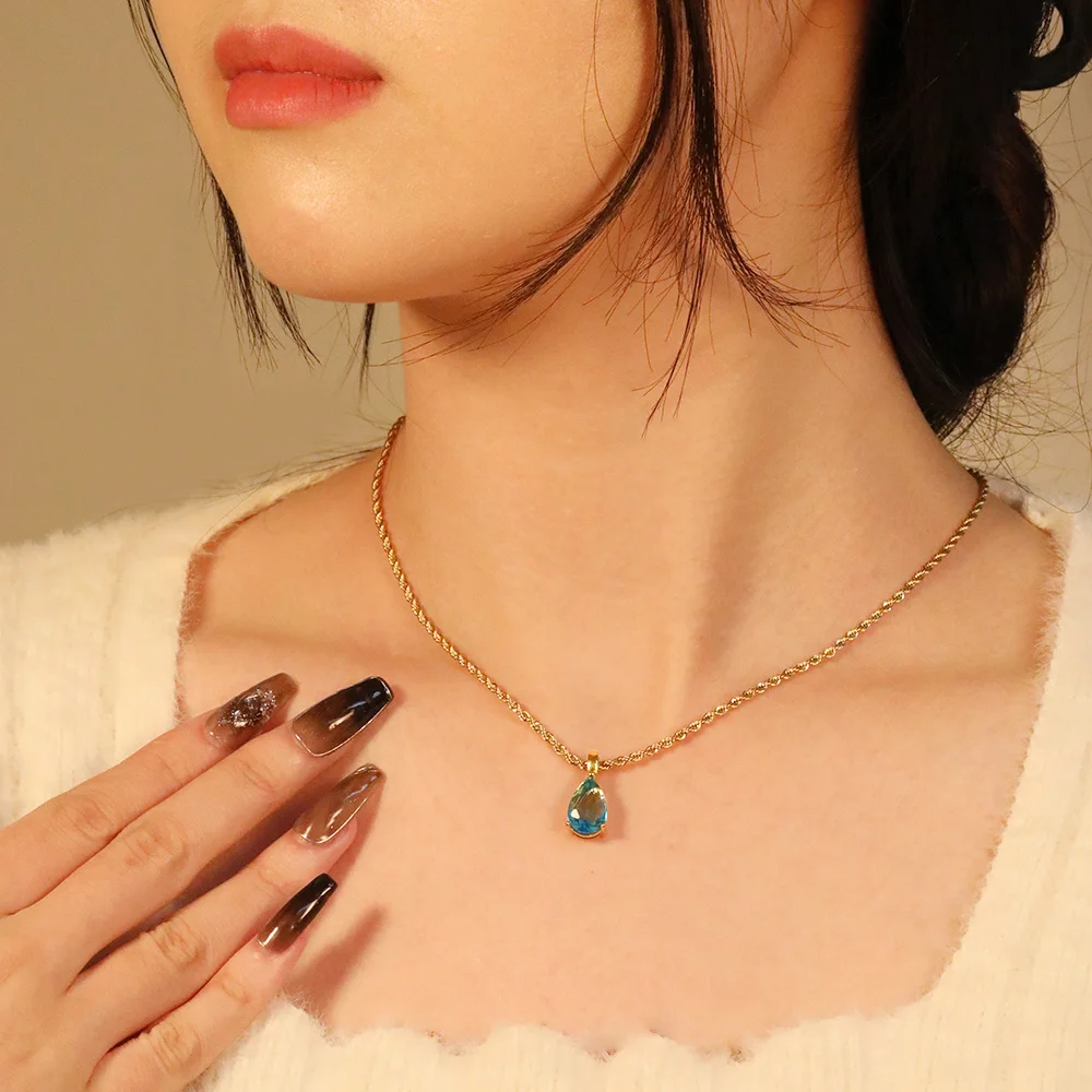 LUXUKISSKIDS Vintage CZ Water Tear Drop Zirconia Pendant Necklace Stainless Steel Colorful Pink Crystal Choker y2k Girl Jewellry