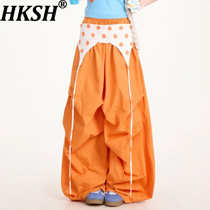 HKSH 봄 가을 신상 여성용 와이드 레그 팬츠 엘라스틱 웨이스트 컬러 블록 플리츠 아메리칸 레트로 Y2K 트렌드 HK16104