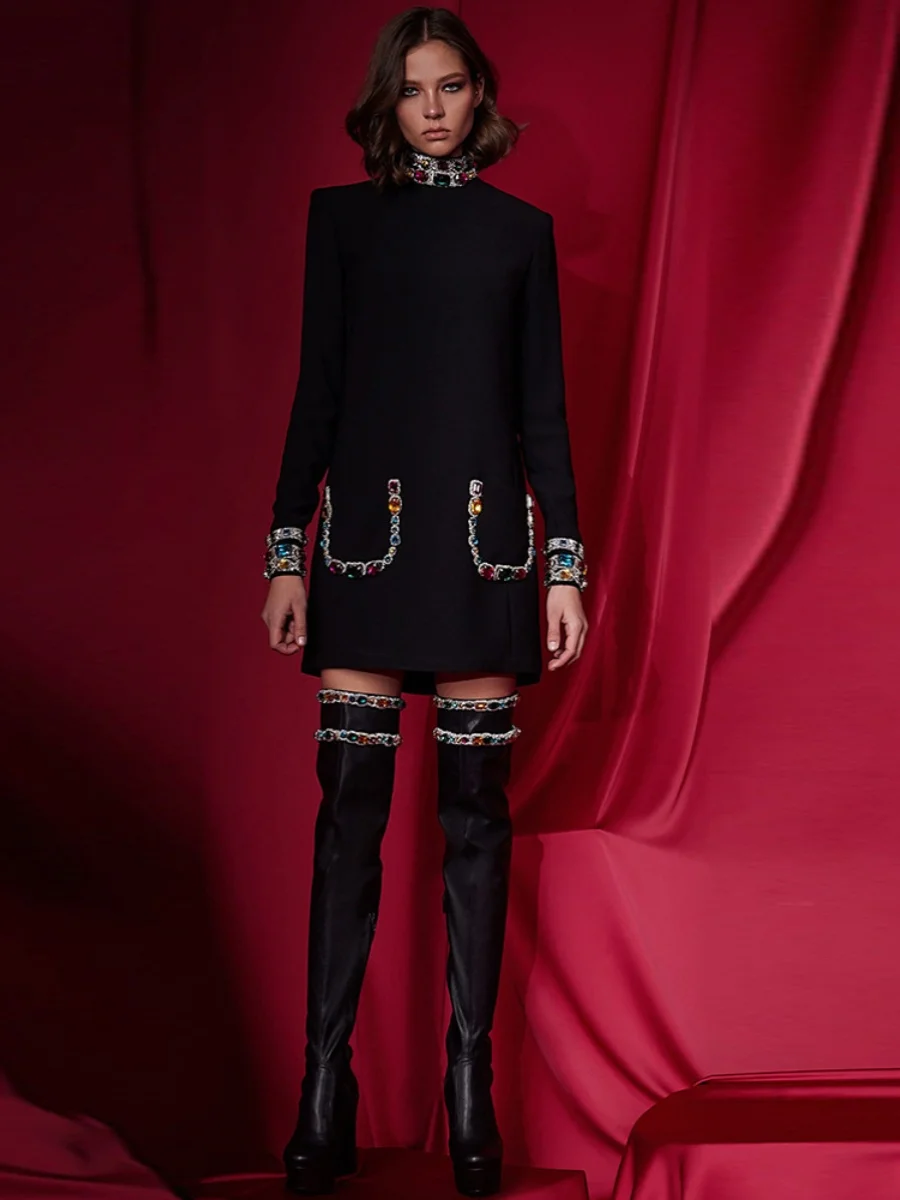 

Модная юбка миди из полиэфирного волокна с длинными рукавами, украшенная тяжелыми бусинами и цветными камнями, с эффектом бриллиантов