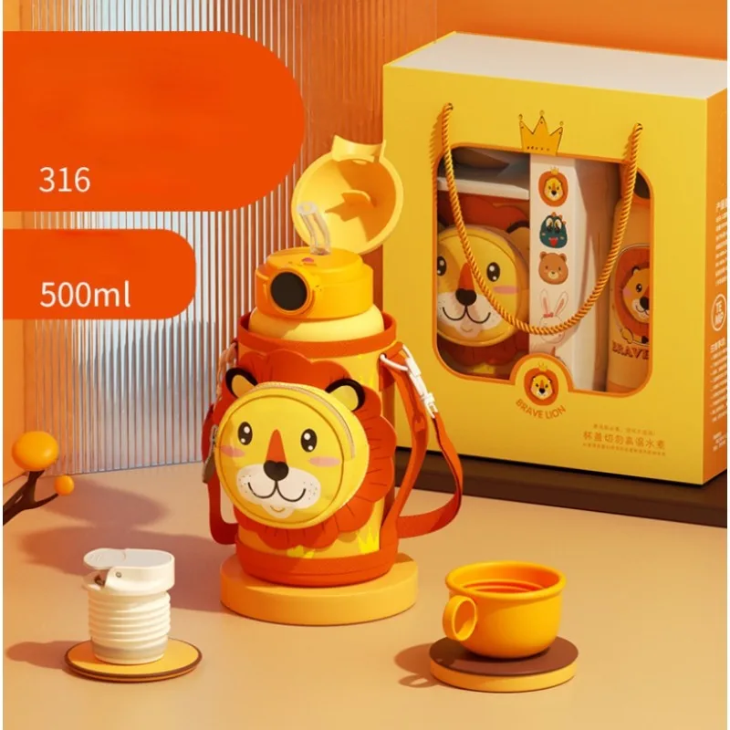 500ML Big Belly Insulated Thermos for Kids with Antibacterial 316 Stainless Steel and Stickers Leakproof Cartoon Mug with Straw