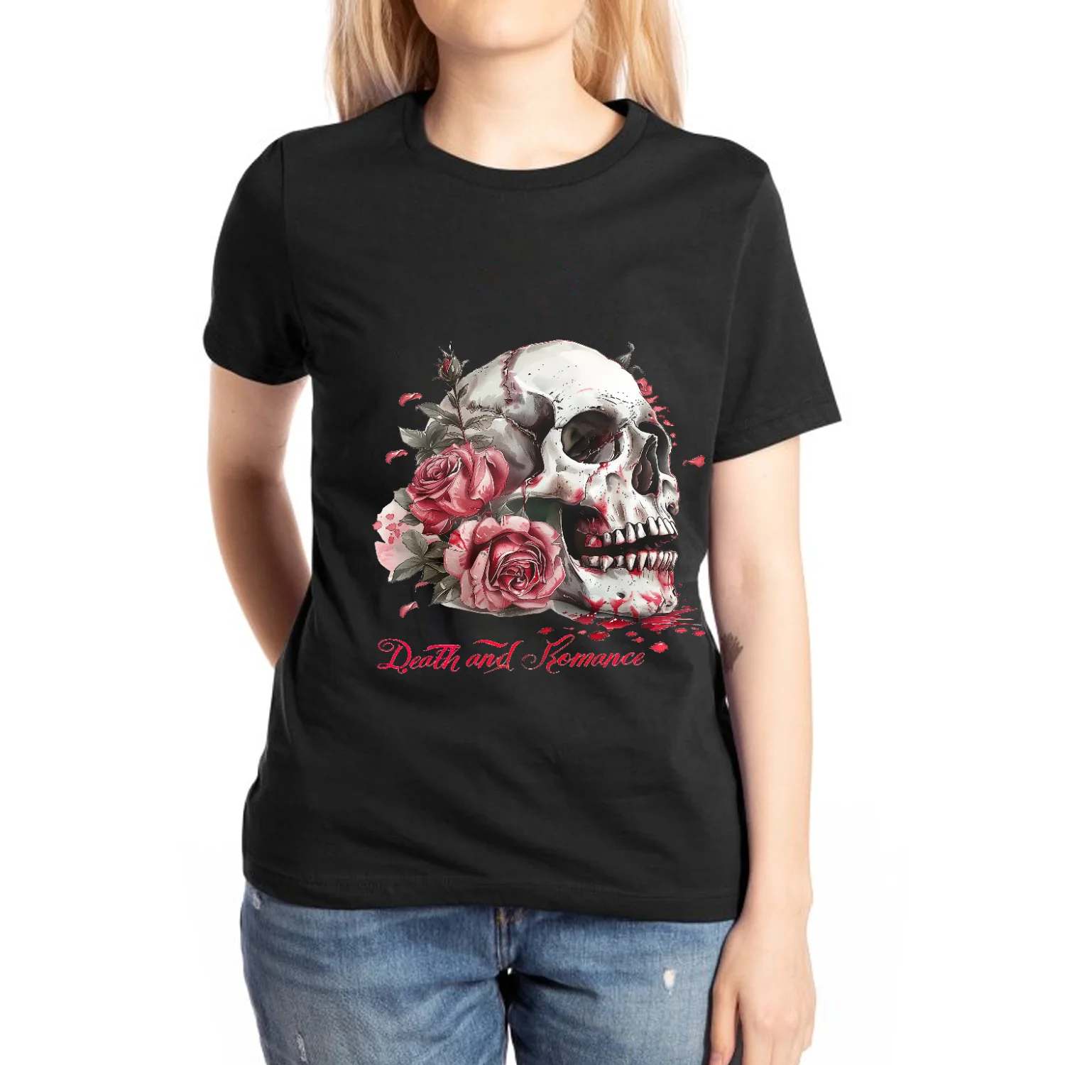 

Skull Rose Print Cotton Women's T-Shirt Romantic Style Oversized Dropped Sleeves Tees Fashion Design Casual Short Sleeve Summer