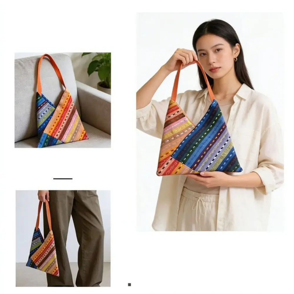 Geometric Patchwork Triangle Tote Handbag Boho Style Fabric Shoulder Bag Stylish Casual Commuter Purse