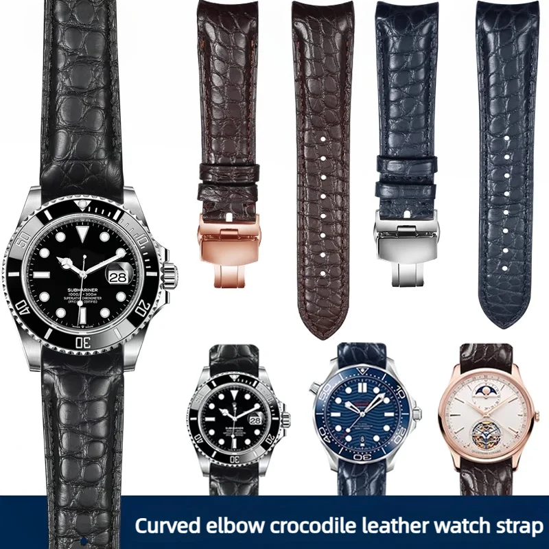 20mm 22mm Curved Crocodile Skin WatchBand For Rolex Omega Tissot IWC Seiko Watch Strap Men's Soft Genuine Leather Bracelet band