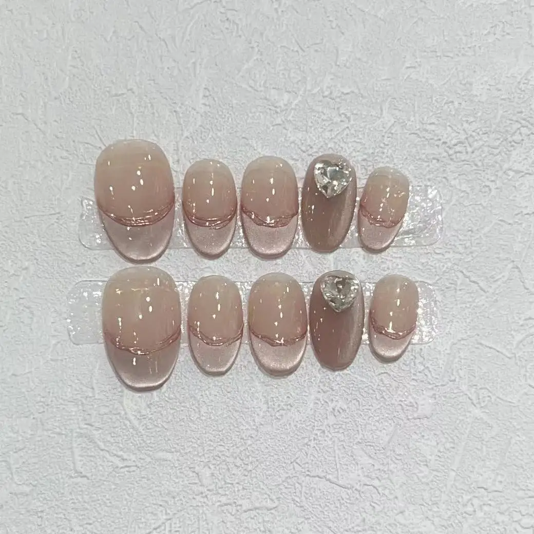 10 pezzi carino fatto a mano stampa sulle unghie copertura completa strass design francese corto mandorla unghie finte indossabili manicure punte per unghie artistiche