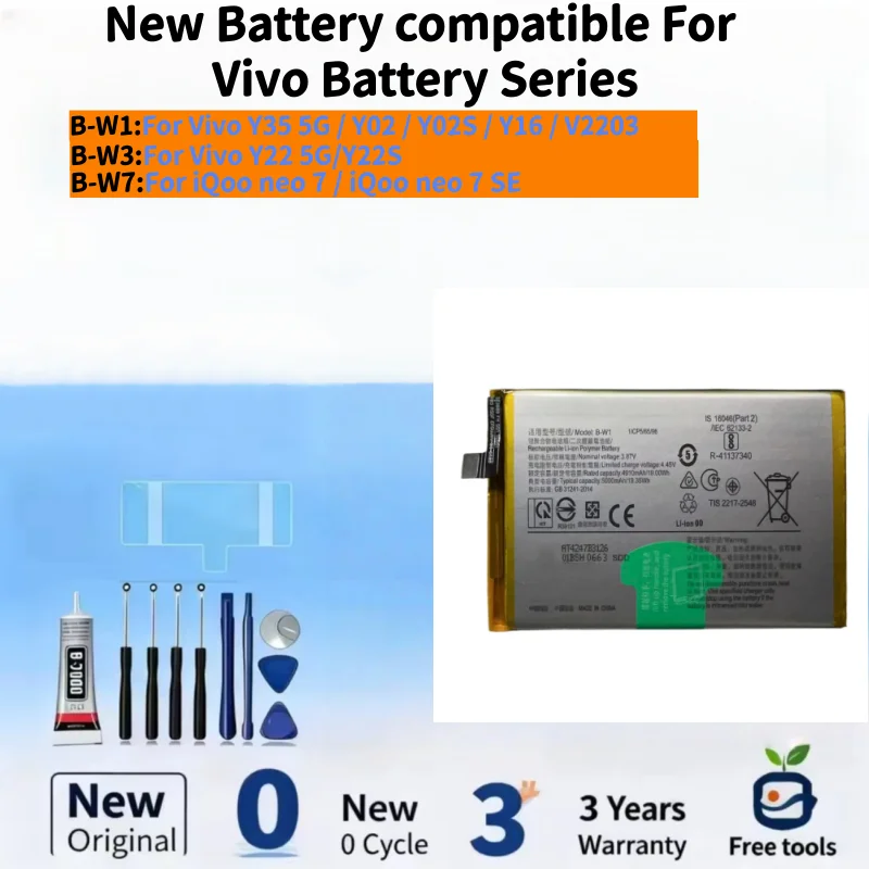 New Battery compatible For Vivo Y35 5G/Y02 /Y02S/Y16/V2203/Y22 5G/Y22S/iQoo neo 7/neo 7 SE Mobile Phone Batteries+ Free Tools