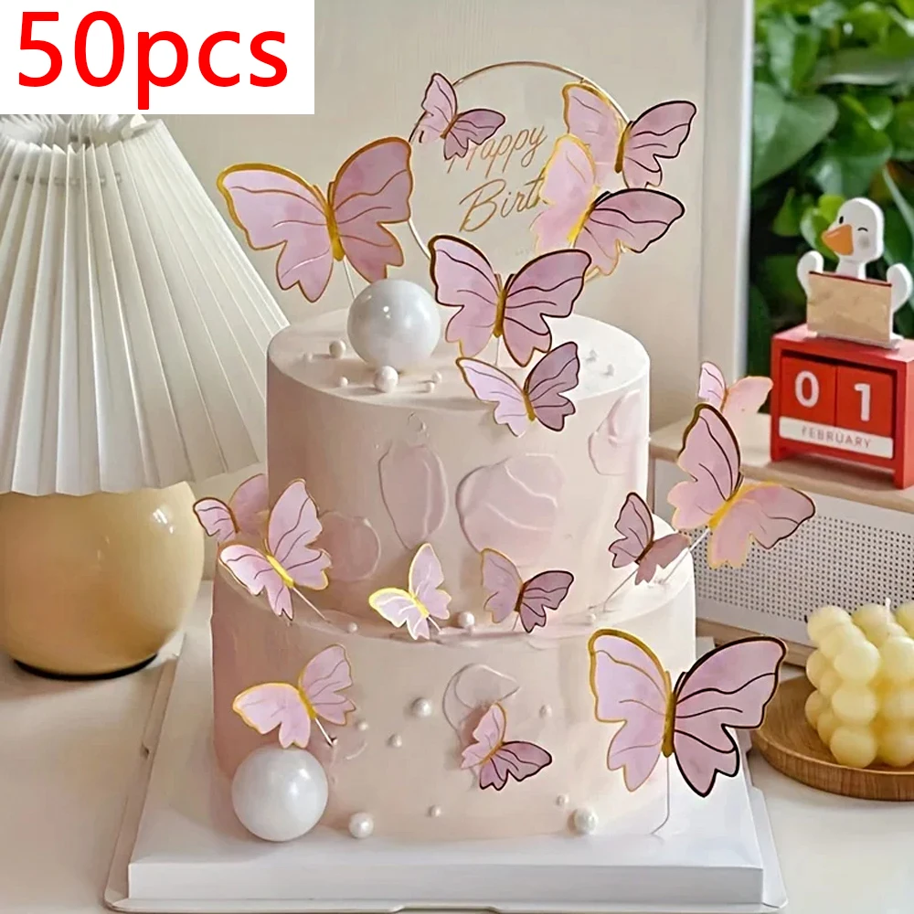 Decoración Para tarta de mariposa, adornos para tarta de oro y rosa, cumpleaños, boda, aniversario, ducha, 50 piezas