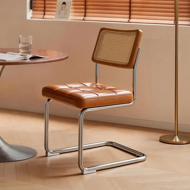for Vassili Medieval Rattan Dining Chair Retro French Bauhaus Style Stainless Steel Backrest Chair for Dining Table Home