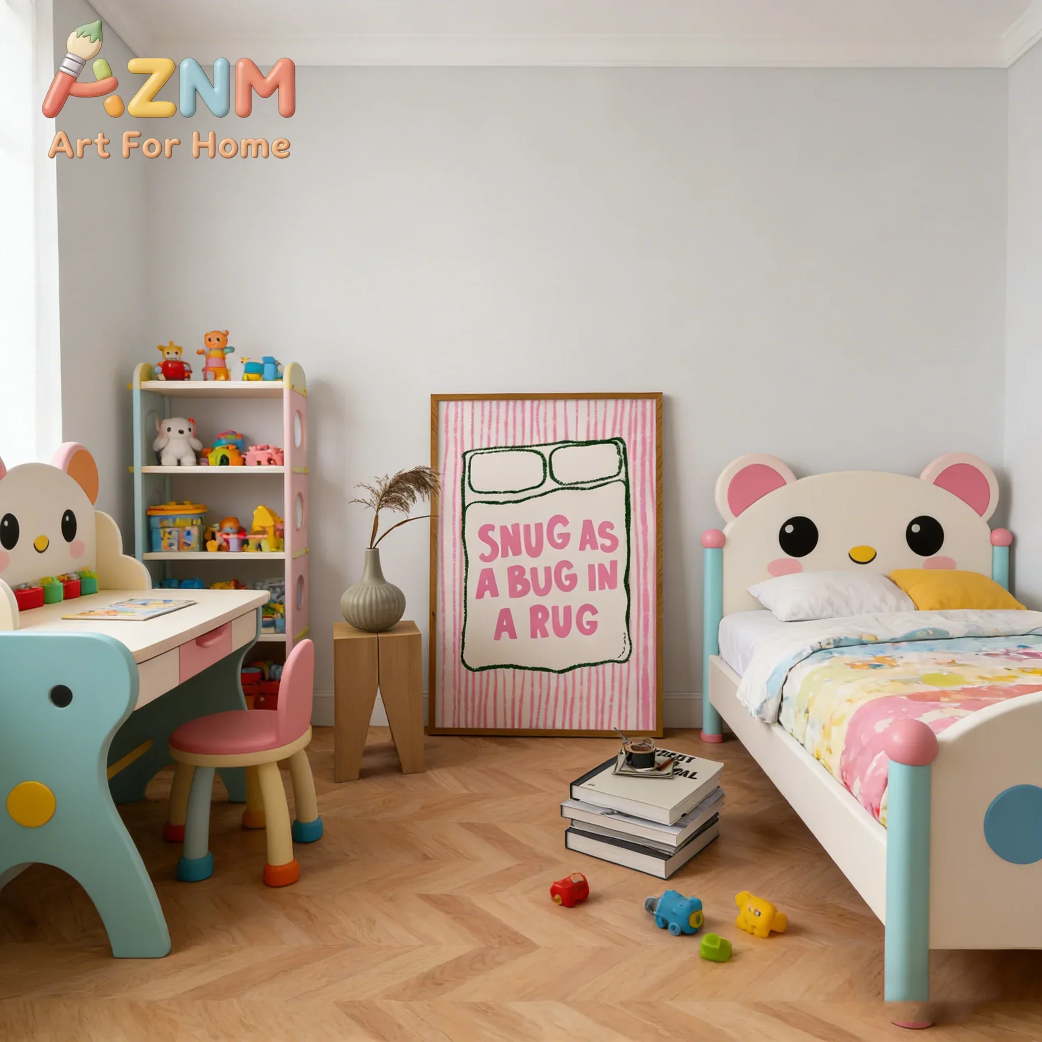 AZNM Snug As A Bug In A Rug Canvas Wall Art Pink Striped Bed Quote Hand Drawn Art Print Unframed Canvas Poster for Bedroom Decor