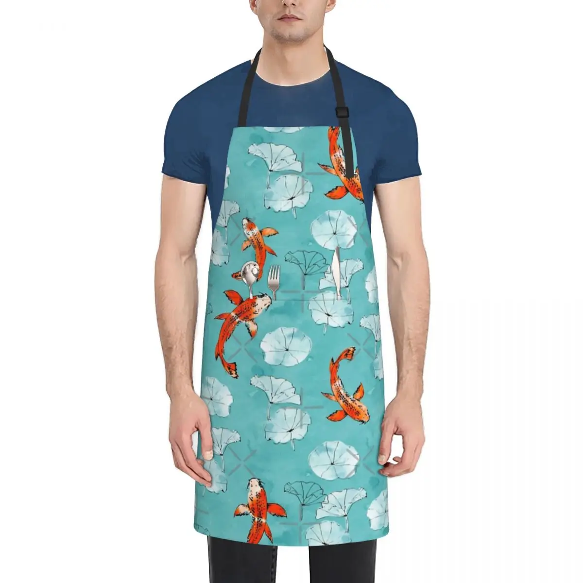 

Waterlily Koi In Turquoise Waterproof Kitchen Apron For Women/Men With Pockets Work Restaurant Shop Waiter Work Uniform