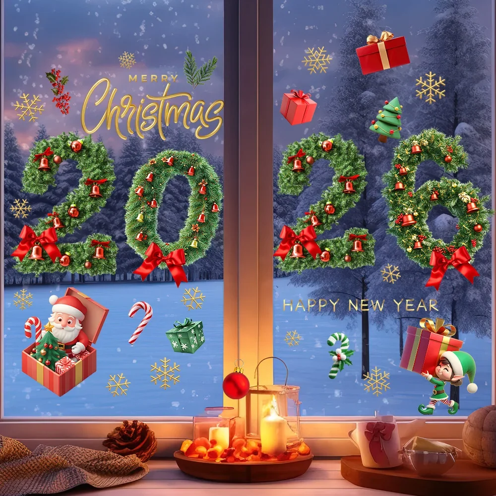 2026 Neujahr Weihnachten, grüne Kiefernnadel, Fensteraufkleber, Schleife, Party-Dekoration, Festival-Zubehör, elektrostatische Aufkleber aus Glas