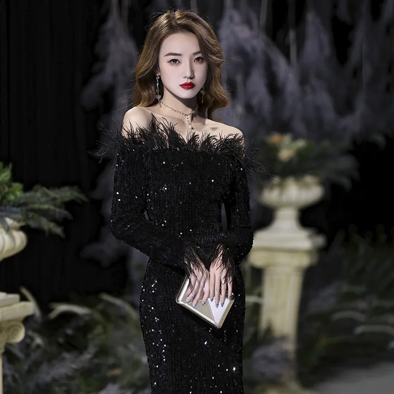 Robe de Soirée Sirène Noire à Paillettes pour Femme, Tenue de Cocktail Élégante et Exquise à Manches sulfet Plumes