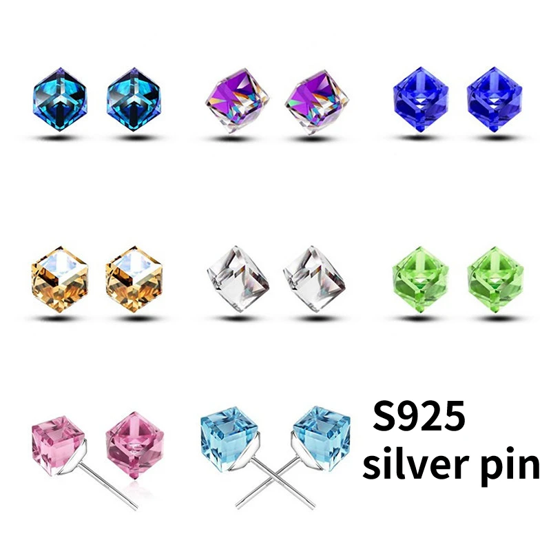 S925 silver pin Stud earrings for women girls 8 colors options austrian cz crystal square ear design jewelry