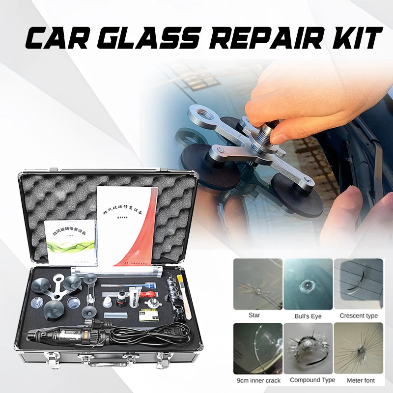 

Car front windshield repair kit, car glass crack repair professional accessories toolbox, stainless steel vacuum injection pump