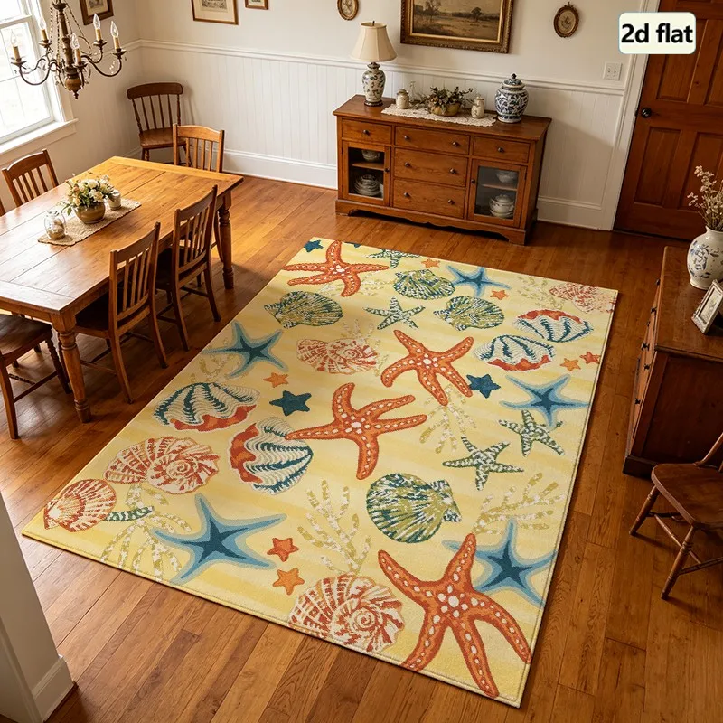 1 piece coastal seashell starfish pattern carpet, soft and comfortable, suitable for all seasons, lightweight and easy to maintain, home decor, living room decor, bedroom decor, entryway decor, autumn, winter