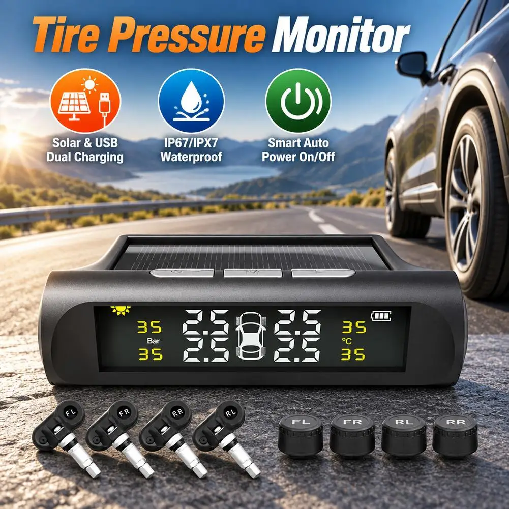 Tire Pressure Solar TPMS Car Tyre Pressure Monitoring System Power Auto Security Alarm Systems Power External Sensor Auto Access