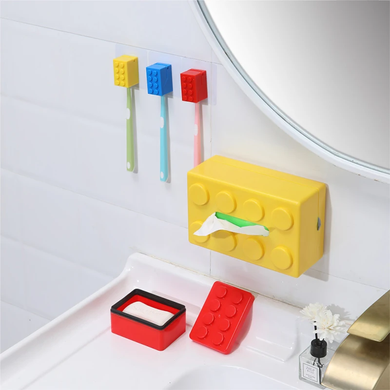 Building Block Shaped Toothbrush Holder Creative Mini Children Toothbrush Storage Rack Dust Waterproof Wall Toothbrush Hook