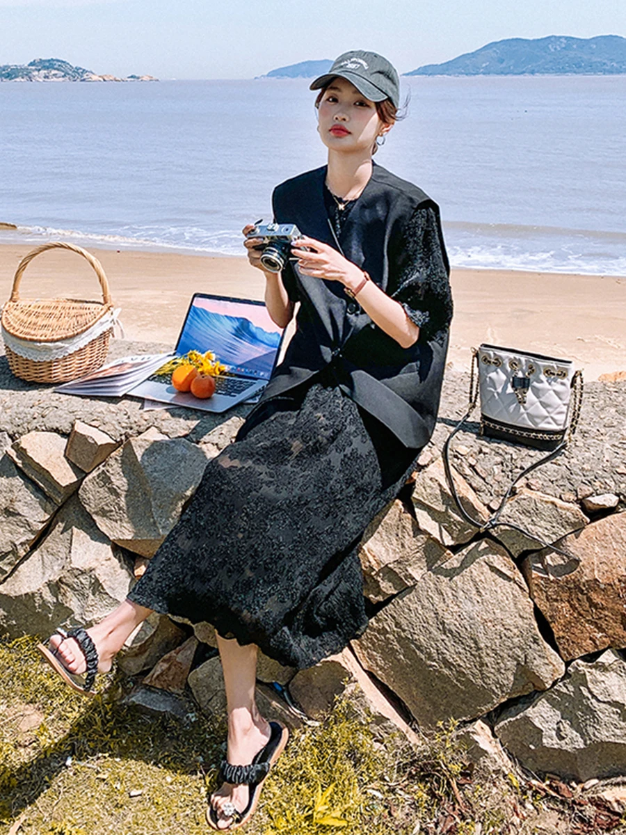 

Элегантное черное кружевное платье Ele Bla для женщин, лето 2025, новая коллекция, корейская версия, приталенный крой, с круглым вырезом, длинная юбка А-силуэта