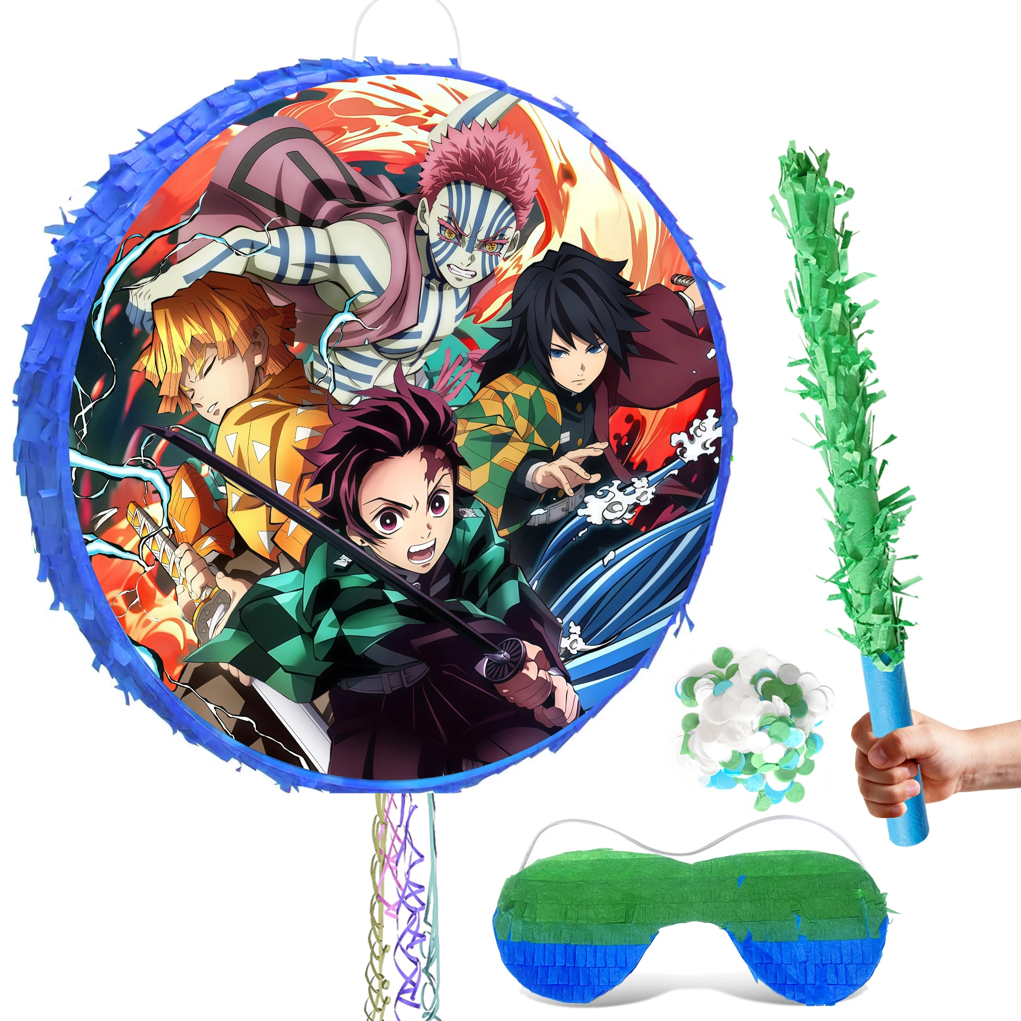 

4 Pcs Demon Slayer Pinatas Bundle-Demon Slayer Round Piñata Blindfold&Pinata Stick etc Demon Slayer Birthday Party Supplies
