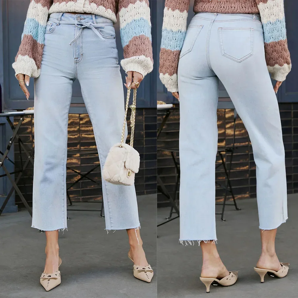 

Женские повседневные джинсы прямого кроя с завышенной талией и завязками, выцветшие, 2025 год