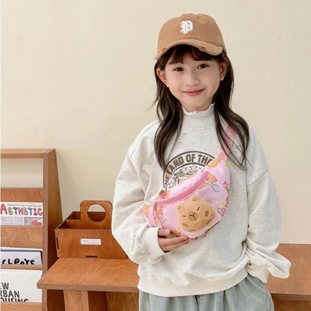 Cartoon Capybara Children's Chest Bag Large Capacity with Plush Doll Crossbody Bag Simple Adjustable Shoulder Strap Shoulder Bag