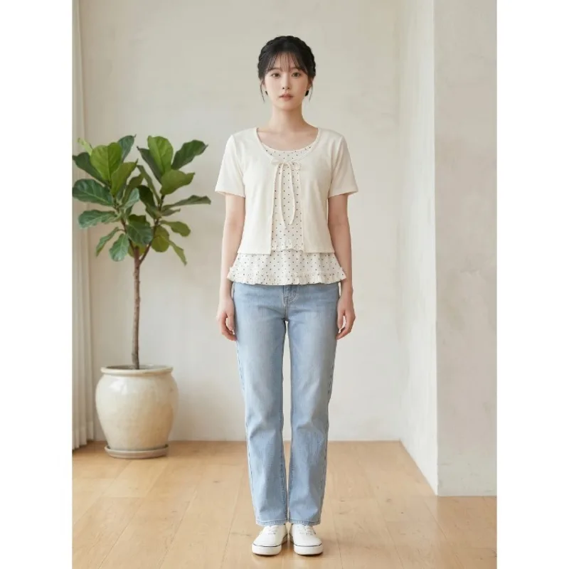 Summer Contrasting Color Polka Dot Lace-up Splicing Short-sleeved T-shirt Women Summer New Sweet Vacation Fashion Versatile Tops