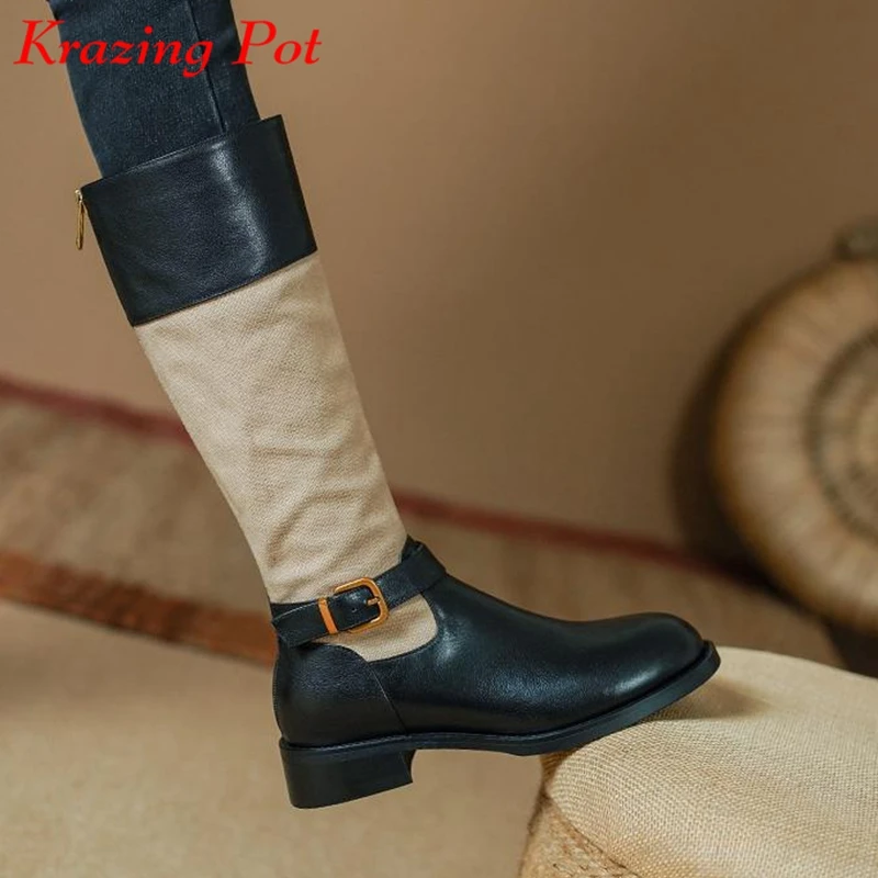 

Krazing Pot Cow Leather Round Toe Winter Spring Warm Riding Boots Thick Med Heels Zipper Vintage Mixed Color Thigh High Boots