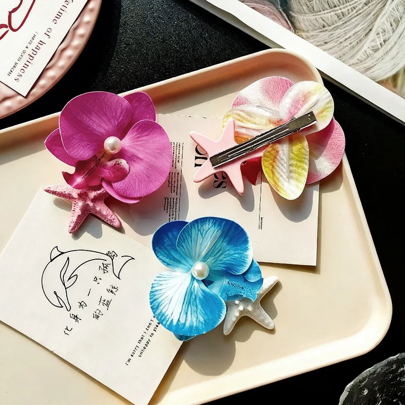 Purple Orchid Hair Clip Pink Starfish Pearl Hairpins Tropical Flower Duckbill Pins Summer Beach Wedding Accessories for Women