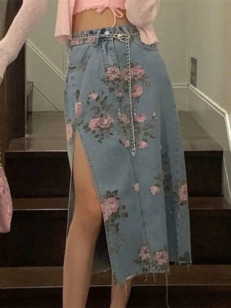 

Streetwear Vintage Flowers Print Long Denim Skirts Summer 2025 High Waist Slim Sexy Open Split Straight Skirt Jeans Female OD18