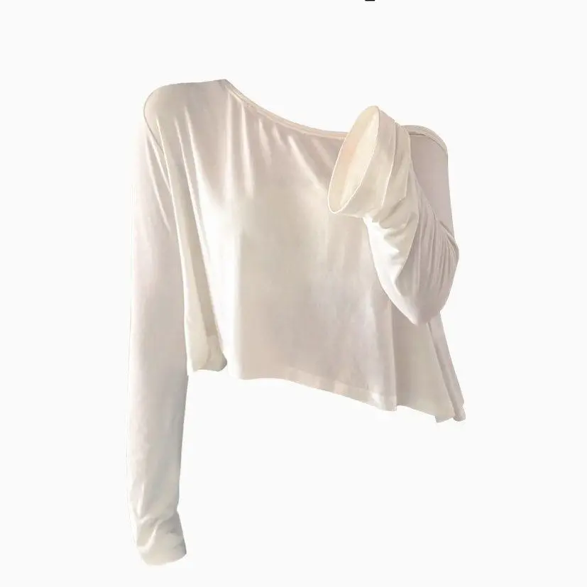 Sexy Pure Desire Shoulder Bared Long Sleeve T Shirt Women's Slim Fit Skin Revealing  Color Versatile Summer Commute Style
