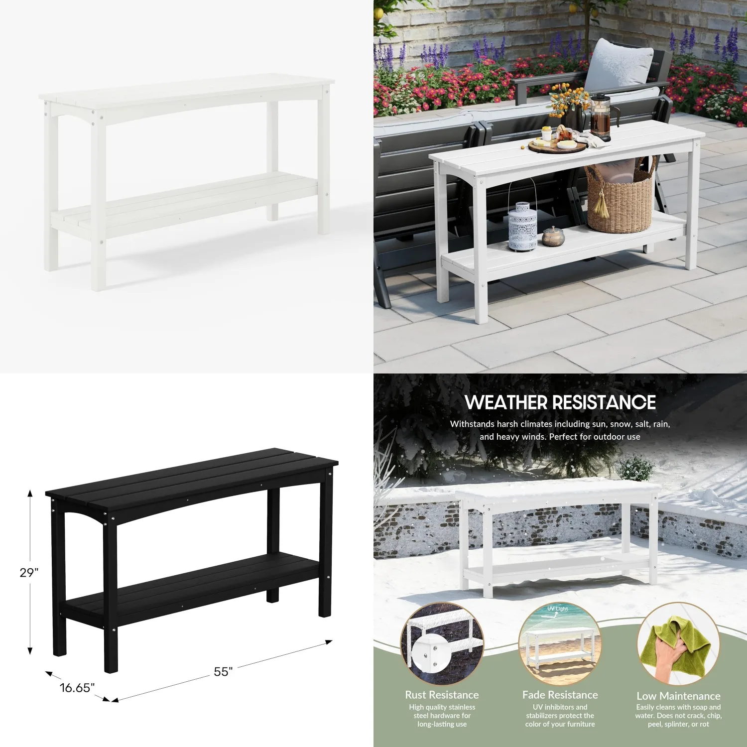 

55" HDPE Adirondack Console Table 2-Tier Shelf Outdoor Patio White, Customized