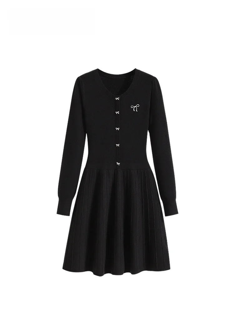 

plus Size Long Sve Knitted Dr Women's Autumn Fro A-Line Bla Dr High Waist Ci Commute Winter Polyester Fiber