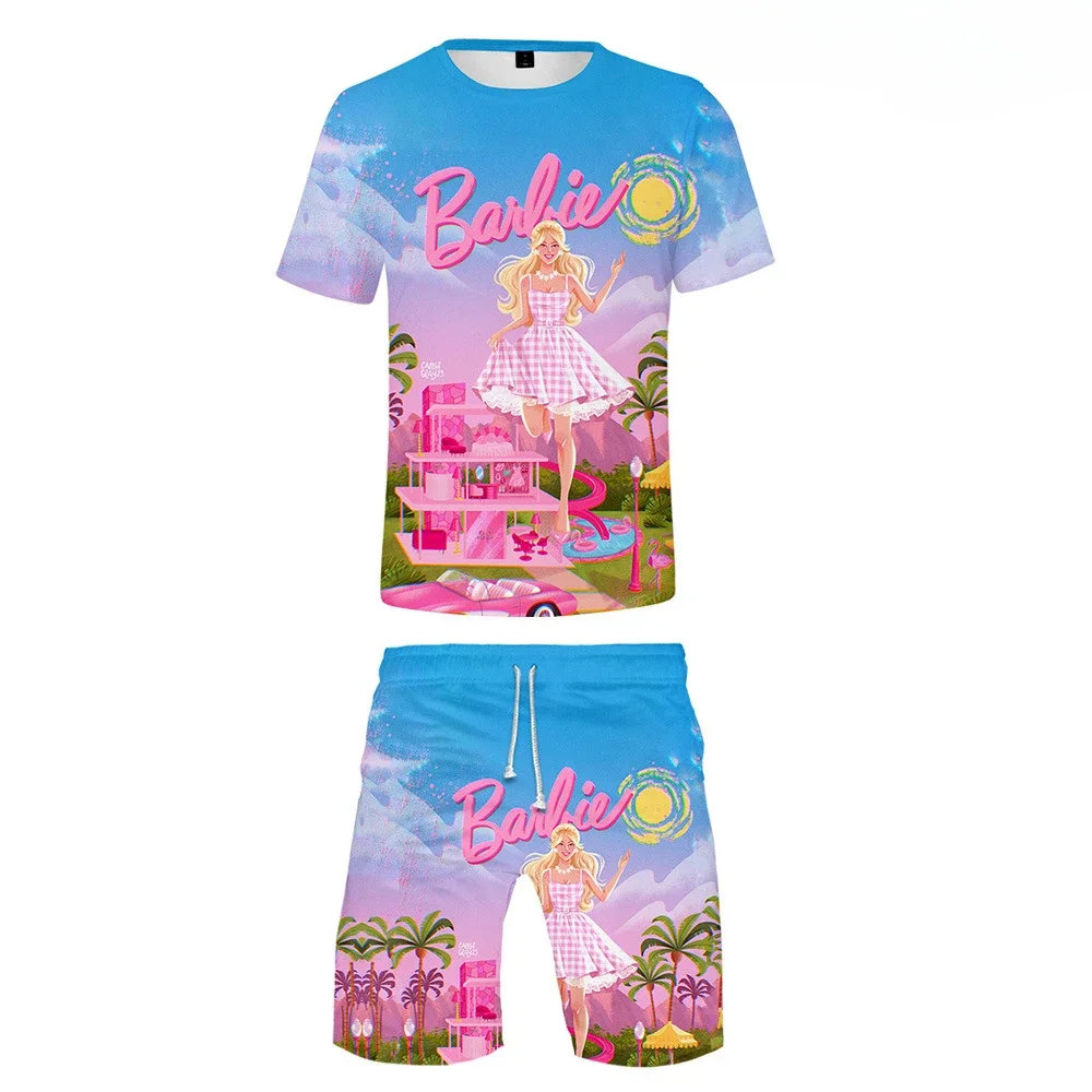 

MINISO 3D New Movie Barbie Princess Barbie Printed Boys and Girls Game Short-sleeved T-shirt Shorts Boys Girls Anime Kawaii